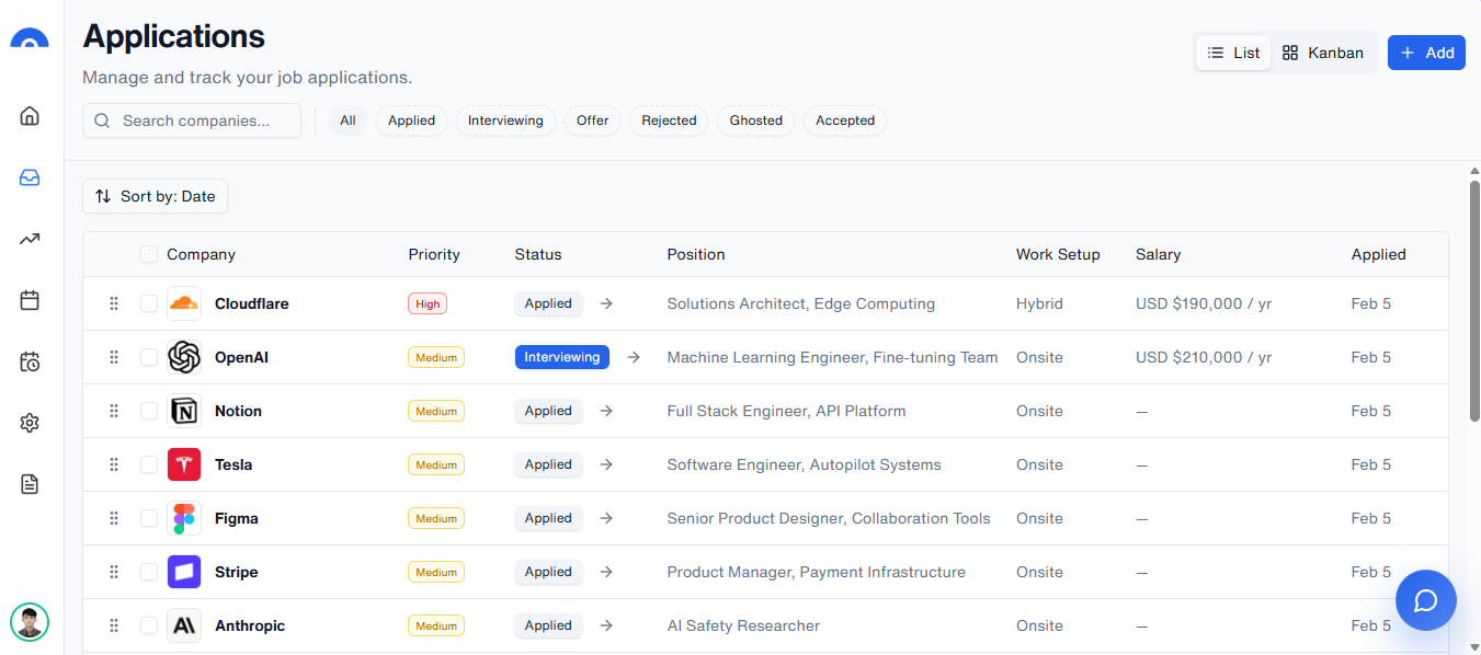 JobRanger application tracker screenshot